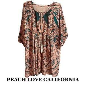 Peach Love California Emerald Green Coral Peach Mini Dress Womens M Boho Flowy